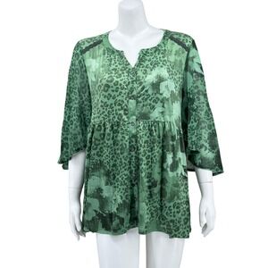 One‎ World Top Womens XL Green Mixed Animal Floral Button Up Boho Tunic Office